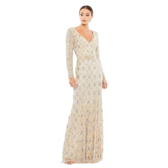 Mac Duggal Nude Lattice Sequin Long Sleeve Gown US 10 - Picture 1 of 12